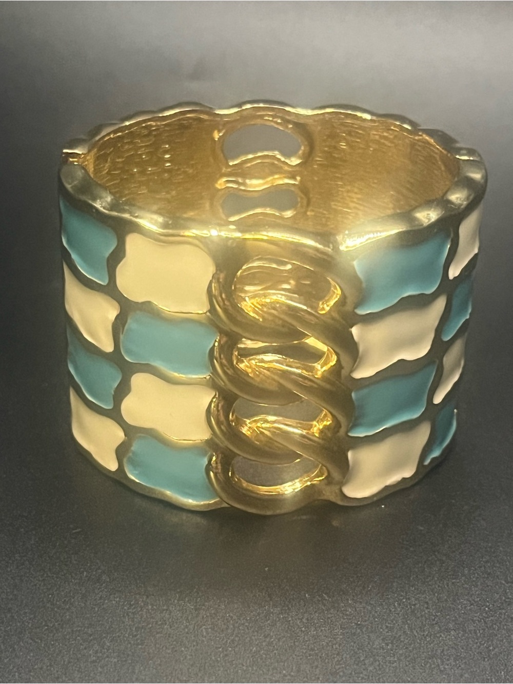 Statement Gold Tone Blue Cream Enamel Hinged Cuff Bracelet